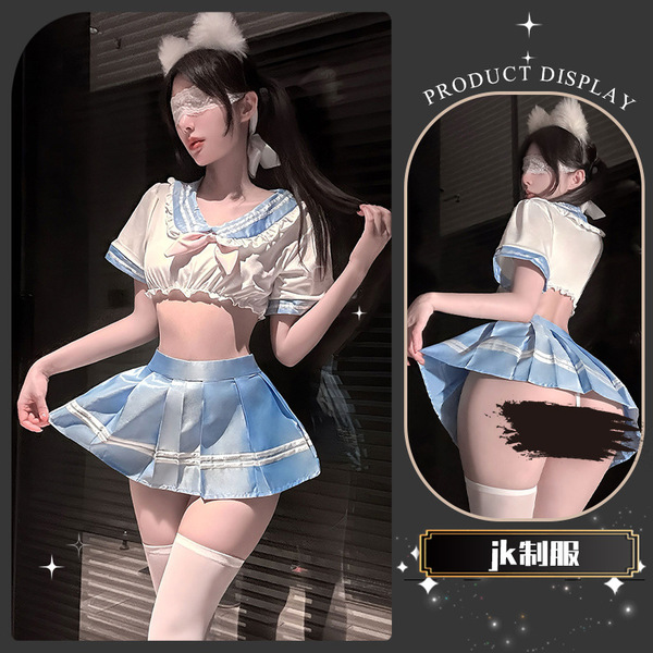 QingShe Pure Sailor-Style Sensual Lingerie Skirt – Flirty Pleated JK-Inspired Erotic Outfit - Soap-cotton pleats ~ [Top + Pleated Skirt + T-shirt]