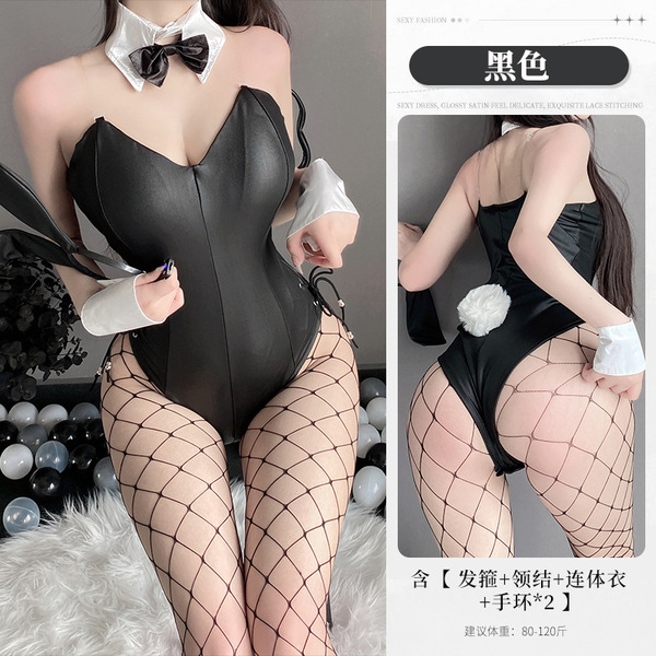 Pure & Playful Lingerie Bodysuit - Busty-Looking Open-Crotch Bunny Costume for Bedroom Fun - Black + Socks 16 Big Net Black