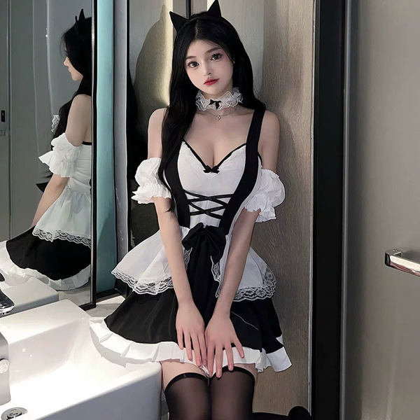 Plus Size Maid Costume Outfit - Sexy Lingerie Set with Apron, Seductive Bedroom Role Play Uniform for Women - Image color + matching socks