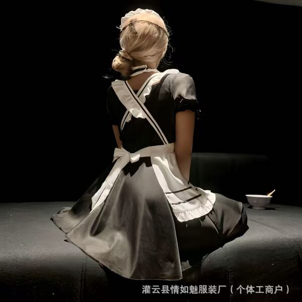 Girl in black and white soft anime lolita maid outfit - cross-border exclusive cosplay lingerie set by qing rumai, sitting on...
