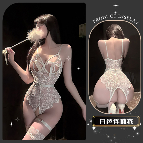 Pure & Seductive Lace Lingerie Set for Women – Sexy Sheer Bodysuit with Removable Cups & Matching Thigh-High Stockings - Soft Piano Enjoy* White + White Stockings