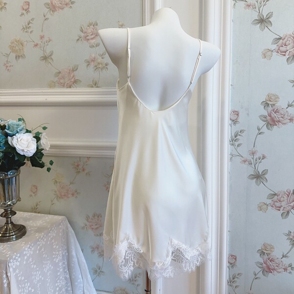 Soft pure allure lace-trimmed cami sleep dress & matching robe set – silky ice silk two-piece pajama set displayed on mannequ...