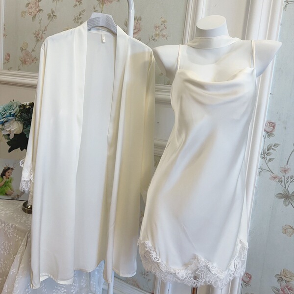 Soft pure allure lace-trimmed cami sleep dress & matching robe set – silky ice silk two-piece pajama set