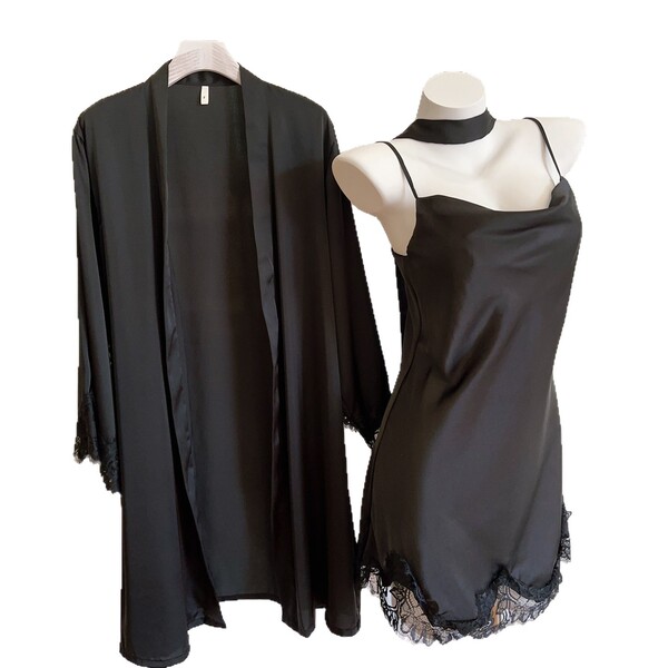 Soft pure allure lace-trimmed cami sleep dress & matching robe set – silky ice silk two-piece pajama set