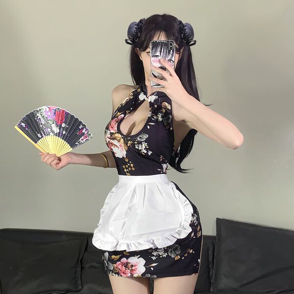 Elegant black floral design qipao with white apron, featuring soft silk texture and traditional-inspired elements, perfect fo...