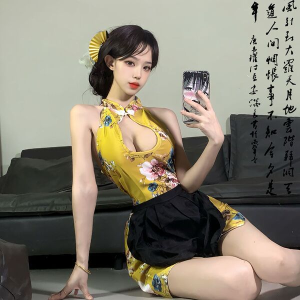 Elegant yellow floral design qipao with plunging neckline and black skirt, perfect for traditional-inspired nightwear. soft s...