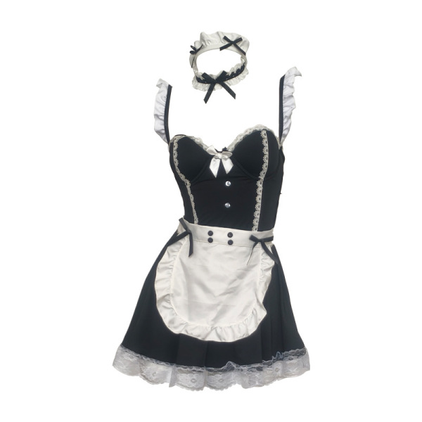 Black and white lace maid outfit with built-in pads, featuring a sexy nightgown design for women.
