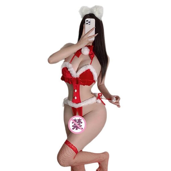 Sexy spicy new year lingerie bodysuit with bunny ears, festive holiday set for curvy women