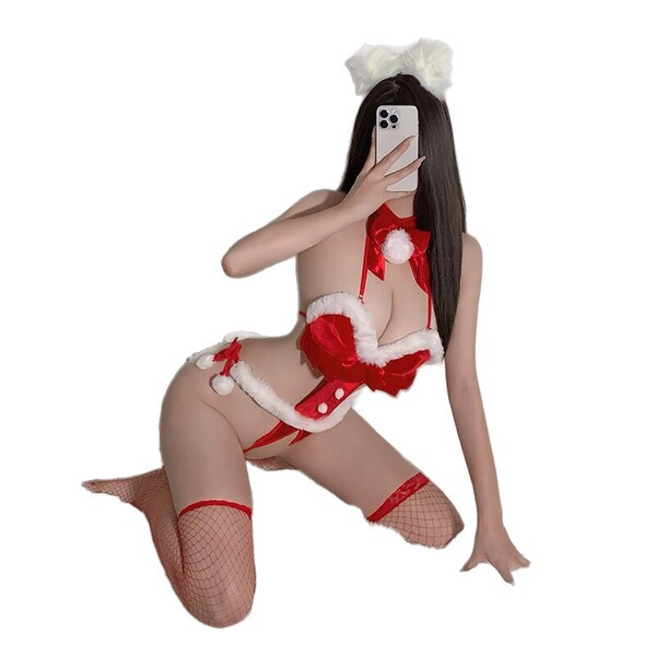 Sexy spicy new year lingerie bodysuit with festive red and white design, perfect for curvy women seeking a bold holiday look.