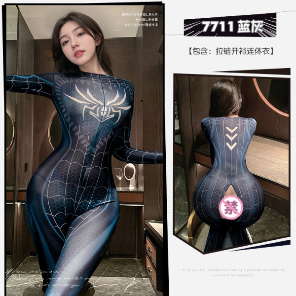 Femour Sexy Spider-Themed Bodysuit with Dual Zippers & Open-Crotch Design for Role Play - 6974408089551◆Falling in Love with the Spider Woman◆Blue-Gray【Zip-Open Crotch Bodysuit】