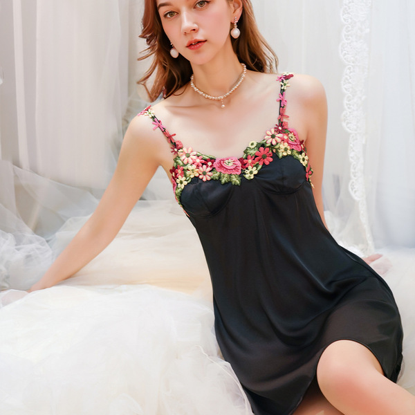 Elegant black satin sleep dress adorned with vibrant floral embroidery, perfect for women seeking sexy yet comfortable lounge...