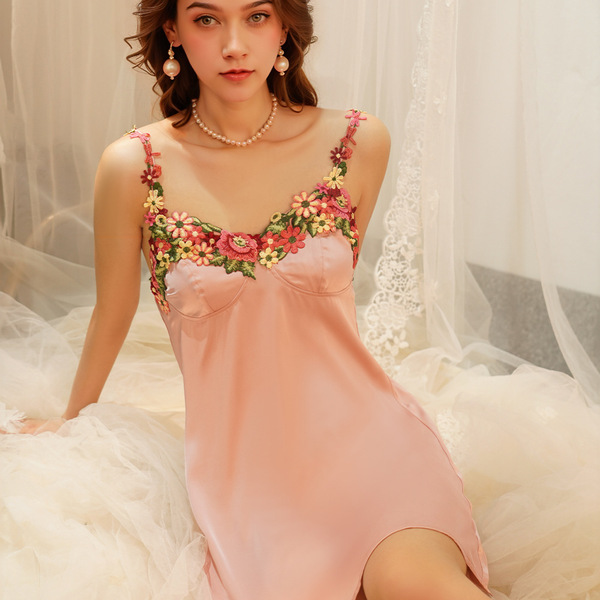 Spring blossom embroidered satin sleep dress - sexy silk-look loungewear for women, one-piece pajama set with floral appliqué...