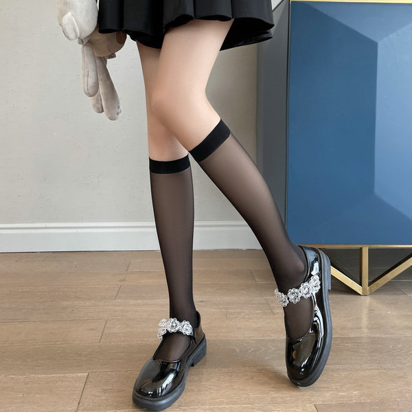 Spring summer thin jk socks for women – japanese style solid color calf-length stockings, slimming black tights with lace det...