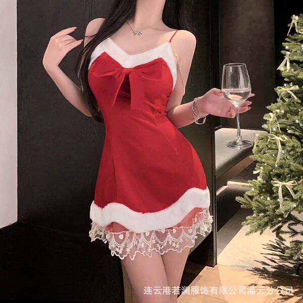 Ruolan Sexy Lingerie Dress - Velvet Pure-Temptation Cami Slip Dress for Christmas & New Year Live Streaming - Gift Fairy! Set [Dress + Chain x2 + T-shirt]