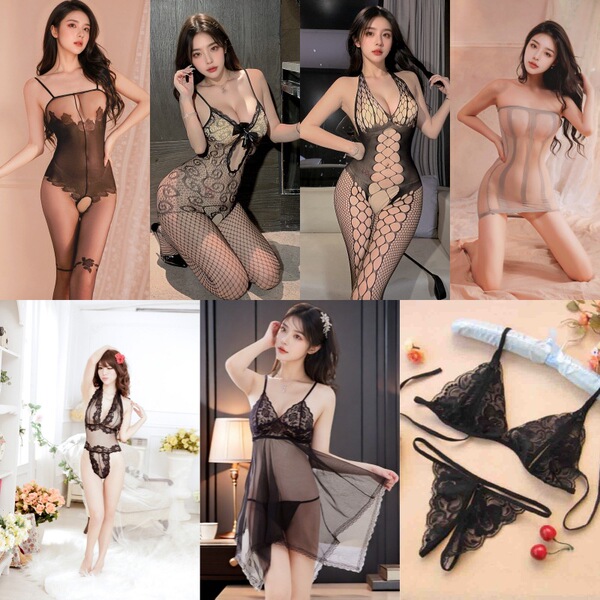 Sexy Sheer Mesh Lingerie Set for Small Bust - Open-Crotch Transparent Sleepwear & Provocative Costume Outfit - Luxury Celebrity Seven-Piece Set