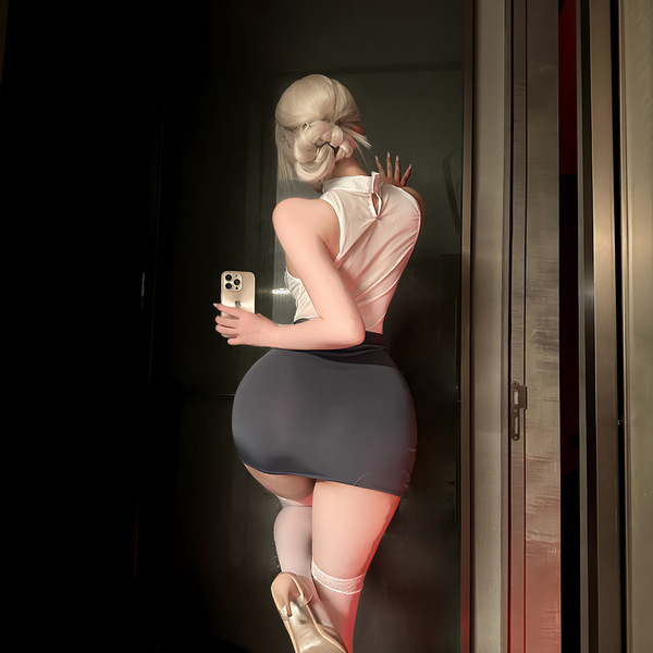 A woman poses in a mirror wearing a black bodycon dress paired with sheer stockings and ballet flats, holding a phone. the ou...