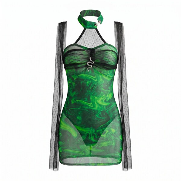 Starry night silk lingerie dress featuring sheer mesh design, halter neck, and capelet, perfect for a sexy cheongsam style bo...