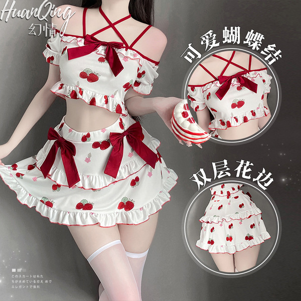 Strawberry print lingerie set - cute cross-strap sleepwear with bow detail, sexy yet playful student-style outfit