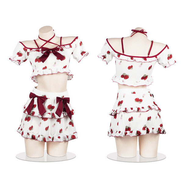 Strawberry print lingerie set - cute cross-strap sleepwear with bow detail, sexy yet playful student-style outfit