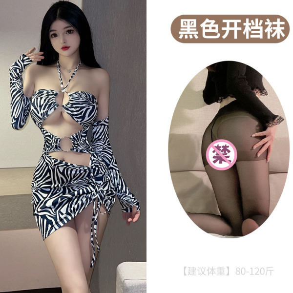 LoveRuru Sexy Leopard Print Bodysuit Bikini - Tight-Fit Nightclub Lingerie Set, Factory Direct - Striped + black open-crotch socks
