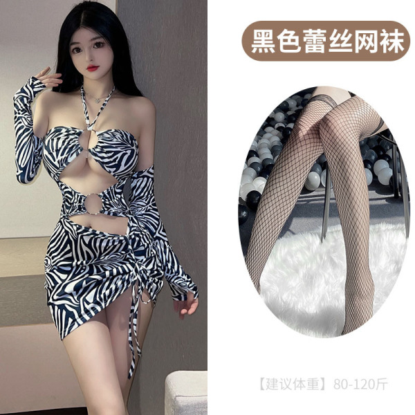 LoveRuru Sexy Leopard Print Bodysuit Bikini - Tight-Fit Nightclub Lingerie Set, Factory Direct - Striped + black fishnet stockings