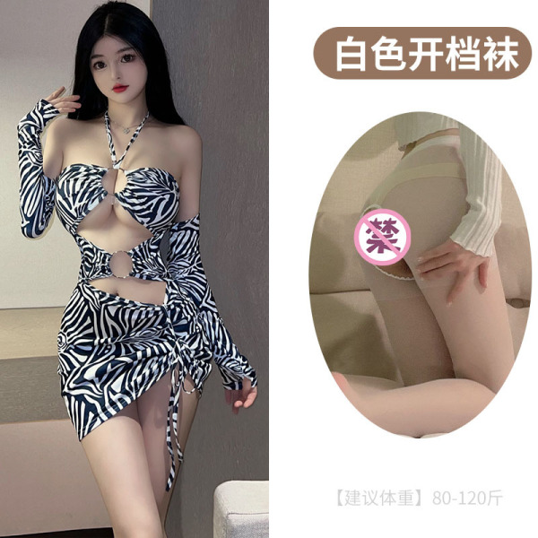 LoveRuru Sexy Leopard Print Bodysuit Bikini - Tight-Fit Nightclub Lingerie Set, Factory Direct - Striped + white open-crotch socks