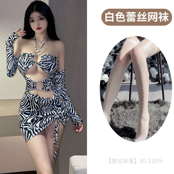 LoveRuru Sexy Leopard Print Bodysuit Bikini - Tight-Fit Nightclub Lingerie Set, Factory Direct - Striped + white fishnet stockings