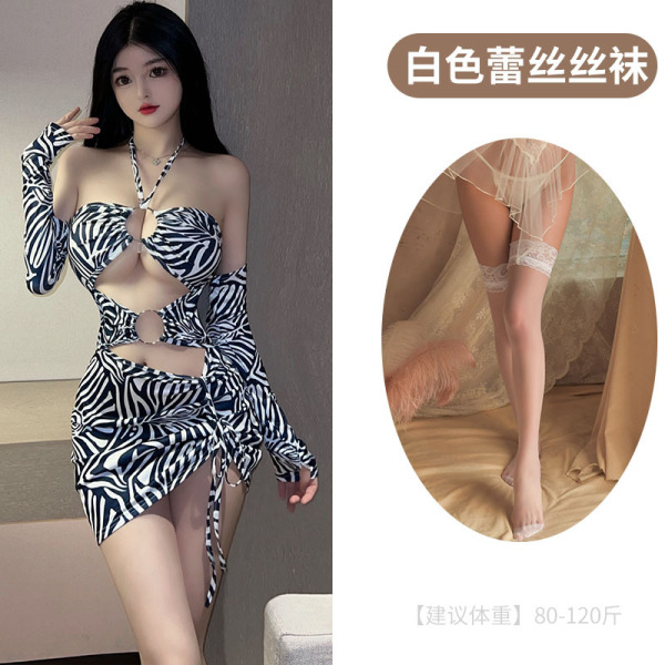 LoveRuru Sexy Leopard Print Bodysuit Bikini - Tight-Fit Nightclub Lingerie Set, Factory Direct - Stripes + white stockings