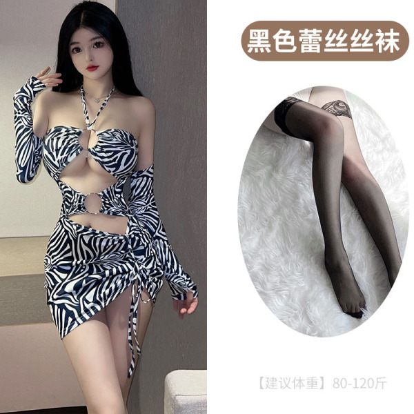LoveRuru Sexy Leopard Print Bodysuit Bikini - Tight-Fit Nightclub Lingerie Set, Factory Direct - Stripes + black stockings