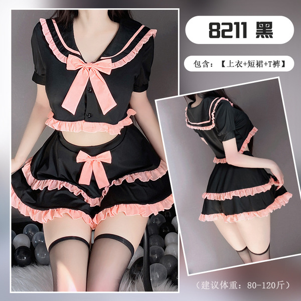 JK Student Style Lingerie Set - Cute Sailor Uniform Sleepwear with Bow Detail for Women - School uniform + black bow-tie stockings