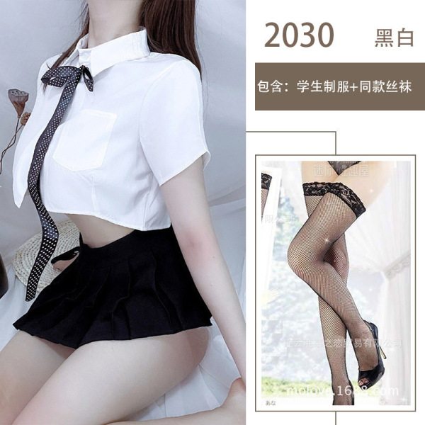 Sexy Sheer College Style White Shirt JK Uniform with Bow & Pleated Skirt – No-Remove Design - School uniform + black fishnet stockings