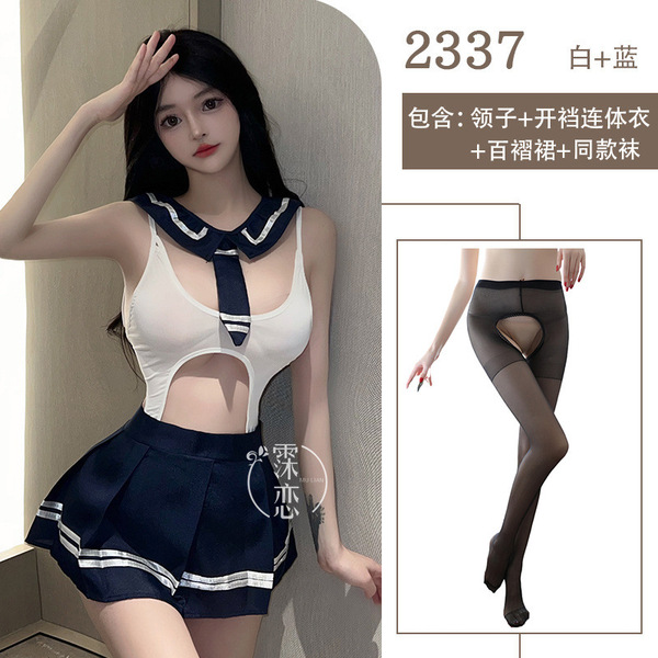 Pure & Playful College Uniform Lingerie Set – Busty-Enhancing JK Style with Sheer Lace, Roleplay Ready - School uniform + black open-crotch socks