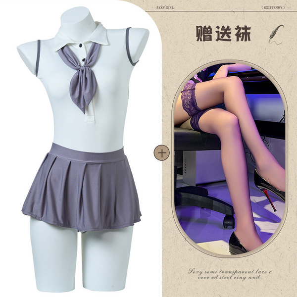 QQNY Pure Allure Lace Sleepwear Set – Elegant Sensual Women's Intimate Nightwear, Premium Soft Fabric - Schoolgirl seduction + black stockings