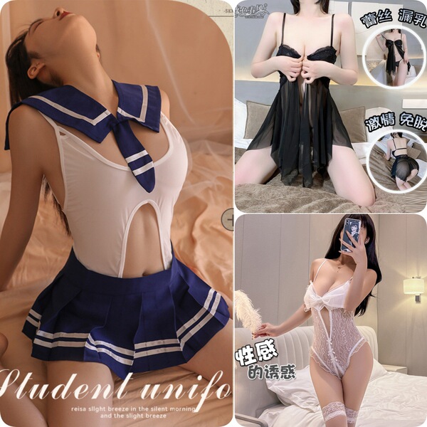 Japanese Schoolgirl Costume - Sexy Open-Crotch Bodysuit with Skirt, Sailor Style Uniform Outfit for Adults - [Popular 3-Piece Pack] Campus + Goddess + Fairy - Includes 3 pairs of matching stockings