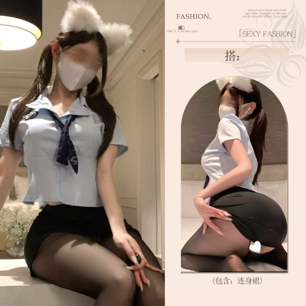 Seductive No-Remove Play Lingerie Set - Modest Yet Sexy Student-Themed Sleepwear & Roleplay Outfit - Student [shirt + skirt + tie + black open-crotch socks]