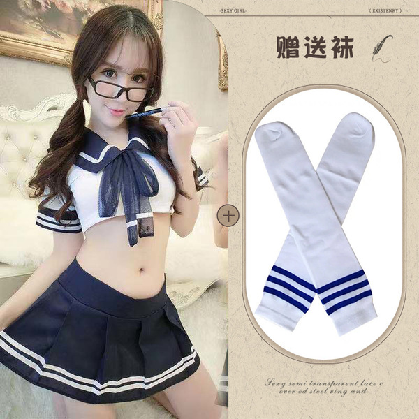 Hot Student Uniform Lingerie Set - Sexy Schoolgirl Costume for Role Play & Cosplay, Pure Temptation Outfit - Picture set + blue striped school socks