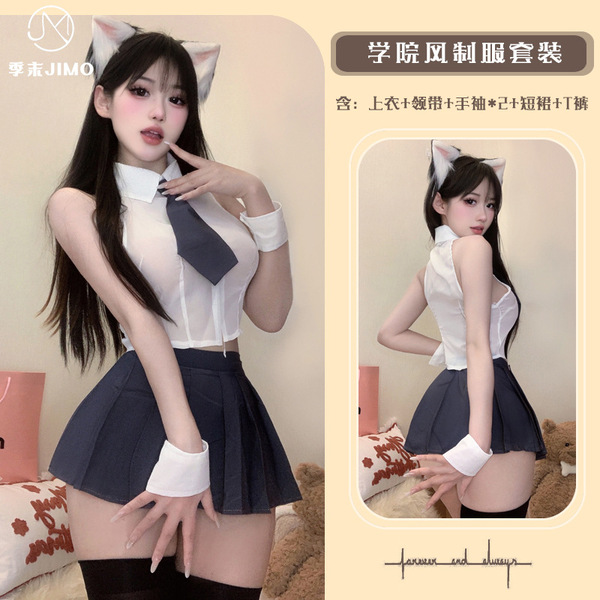 Pure Love Schoolgirl Chiffon Shirt & Pleated Skirt Set - Cute JK Uniform Style Lingerie Outfit - Suit + school socks