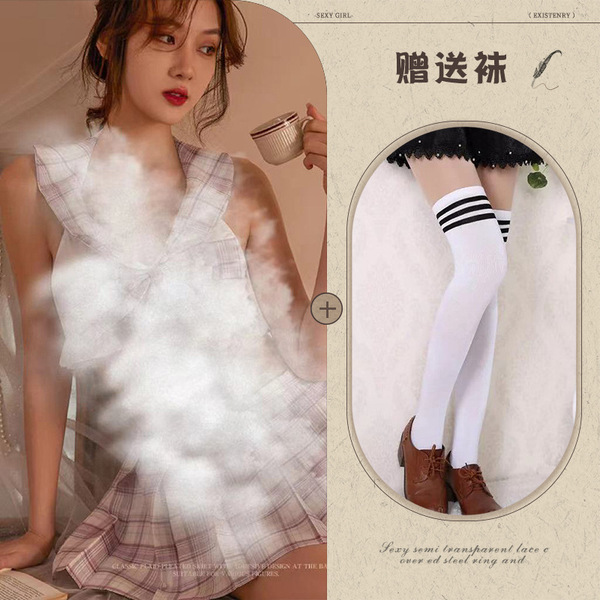 Sexy Grid JK Student Lingerie Set - Summer Lace-Up Hollow-Out School Uniform Outfit for Women - Picture set + white socks with black stripes for schoolgirls