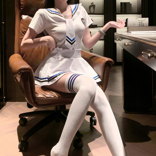 JK Uniform Set for Petite Women - White Sailor Outfit, Sexy Student Style, No-Remove Design, Plus Size Friendly - Picture set + white and blue school socks