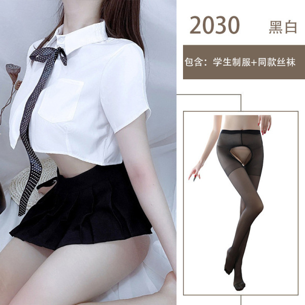 Sexy Sheer College Style White Shirt JK Uniform with Bow & Pleated Skirt – No-Remove Design - School uniform + black open-crotch socks
