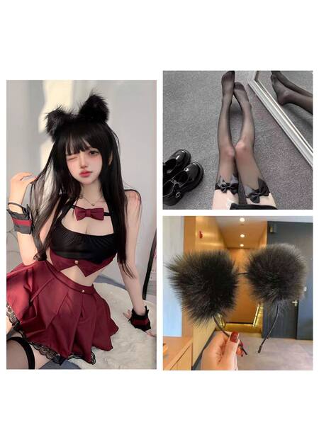 Sexy Schoolgirl JK Sleepwear Set - Cute Pure & Tempting Short Skirt Pajama Outfit for Small Bust Enhancement - School uniform + black butterfly stockings + ball ears