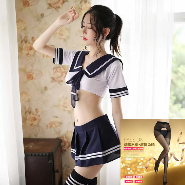 Women's Seductive Maid Costume Set - Sexy Short Skirt Sailor JK Student Lingerie Outfit - School uniform + black open-crotch socks