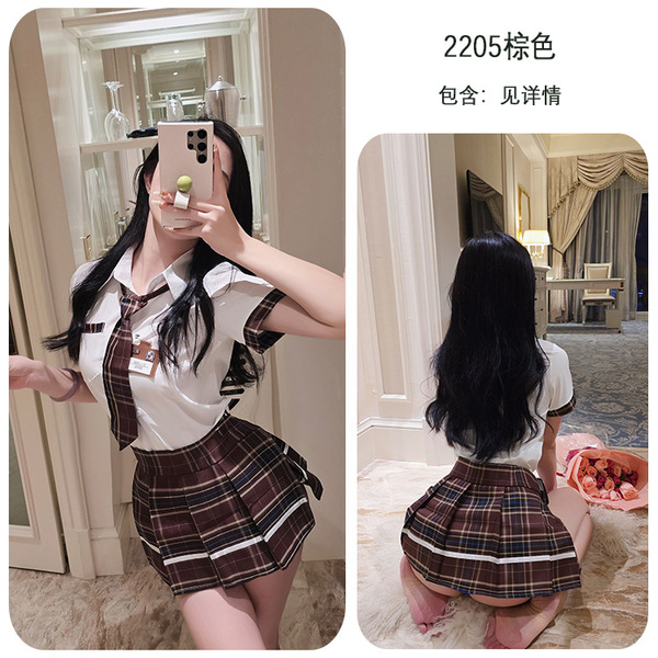 Long Night Sexy Lingerie Set - Cosplay Student Uniform Skirt Outfit for Women, JK Style Erotic Costume - School uniform + black open-crotch stockings