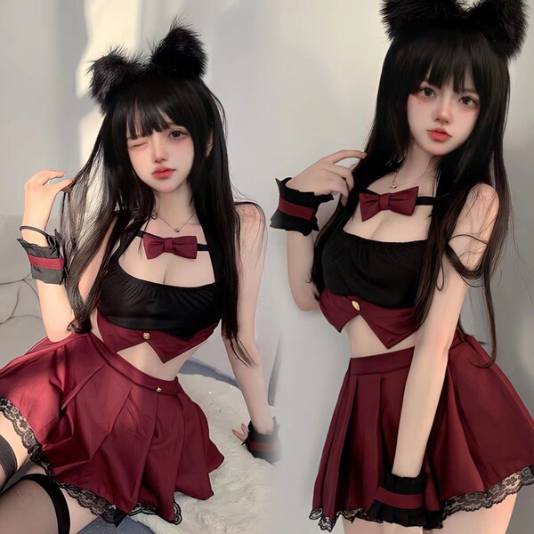 Sexy Schoolgirl JK Sleepwear Set - Cute Pure & Tempting Short Skirt Pajama Outfit for Small Bust Enhancement - School uniform (tube top + skirt + bracelets* + underwear)
