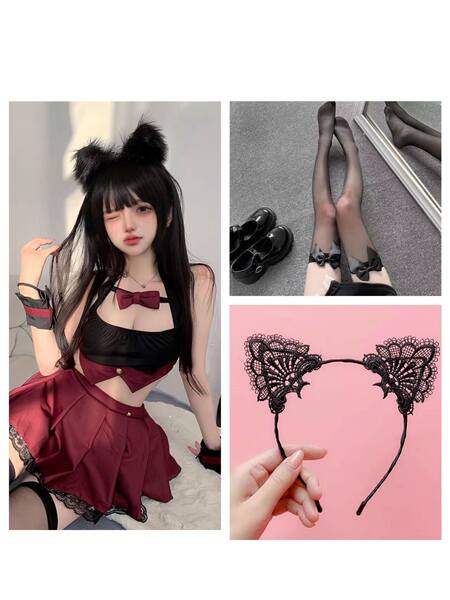 Sexy Schoolgirl JK Sleepwear Set - Cute Pure & Tempting Short Skirt Pajama Outfit for Small Bust Enhancement - School uniform + butterfly socks + wavy ears