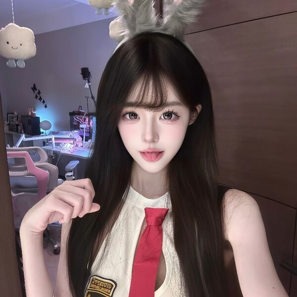 A young woman wears a cute headband with bunny ears, paired with a stylish white top and red tie, embodying a playful schoolg...