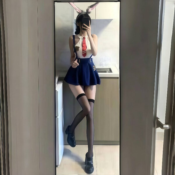 A person wearing a stylish student uniform set, featuring a white top with red tie, navy skirt, thigh-high stockings, and bla...
