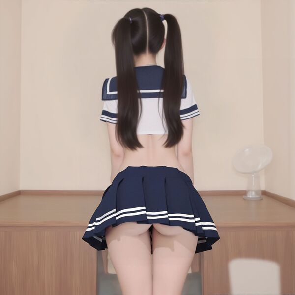 Sexy schoolgirl costume featuring a navy blue and white sailor-style top with matching pleated skirt, perfect for role play a...