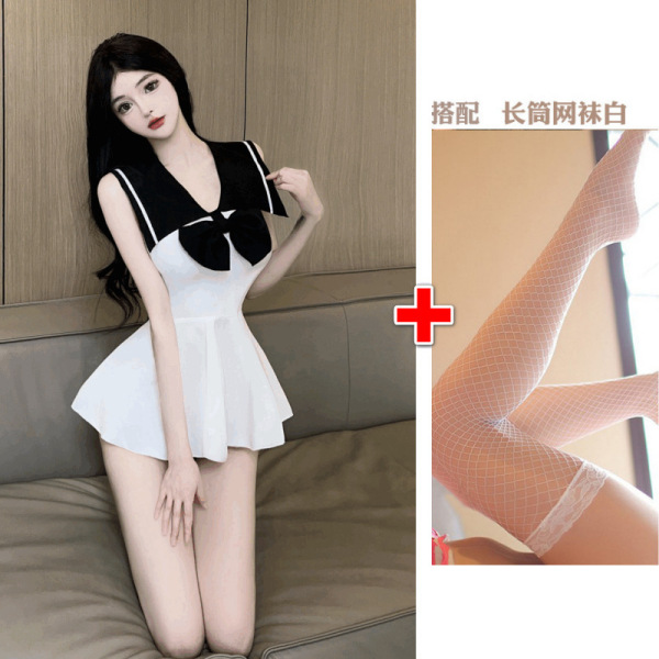 Original Japanese-Style JK Uniform Set - Cute Sailor Schoolgirl Erotic Lingerie for Women - Student + white fishnet stockings
