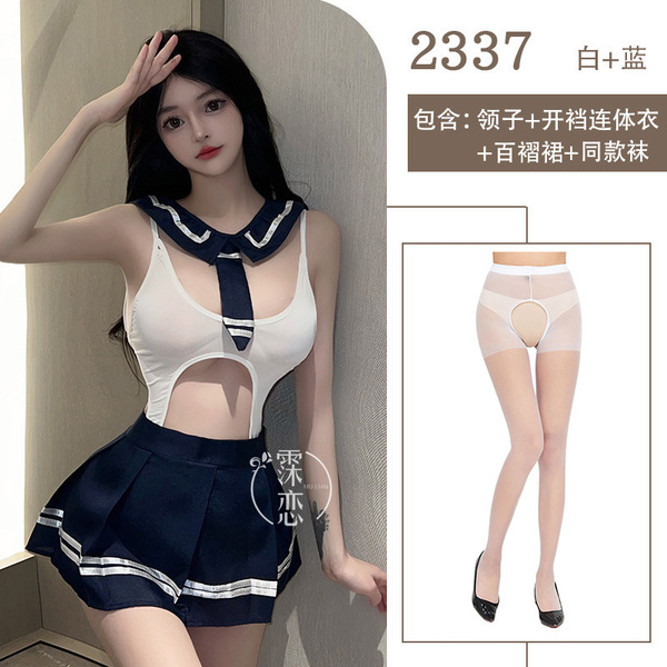 Pure & Playful College Uniform Lingerie Set – Busty-Enhancing JK Style with Sheer Lace, Roleplay Ready - School uniform + white open-crotch socks